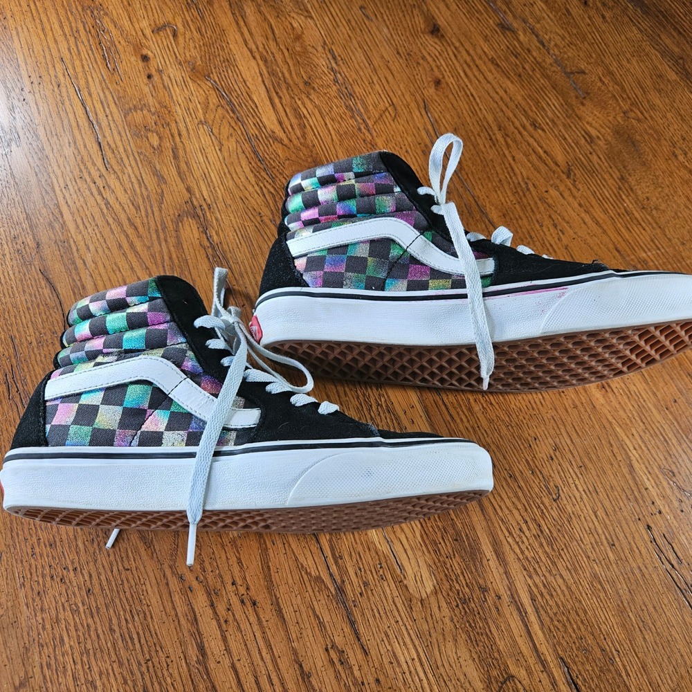 Vans Sk8-Hi Rainbow Iridescent Checkered High‎ Top Sneakers Black Suede Womens 7 - Picture 4 of 9